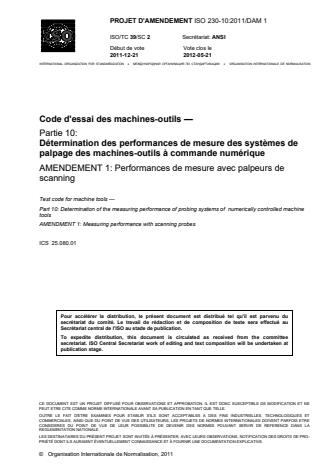 ISO 230-10:2011/Amd 1:2014 - Performances de mesure avec palpeurs de scanning