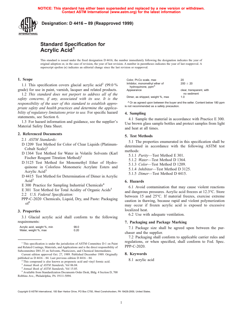 ASTM D4416-89(1999) - Standard Specification for Acrylic Acid