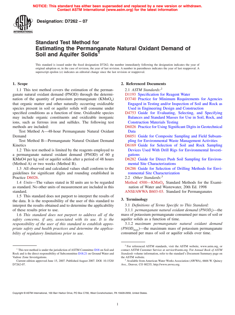 ASTM D7262-07 - Standard Test Method for Estimating the Permanganate Natural Oxidant Demand of Soil and Aquifer Solids