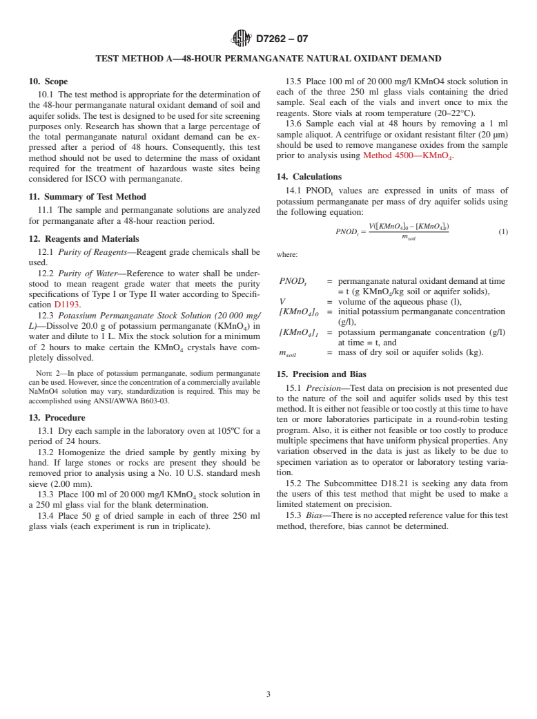 ASTM D7262-07 - Standard Test Method for Estimating the Permanganate Natural Oxidant Demand of Soil and Aquifer Solids