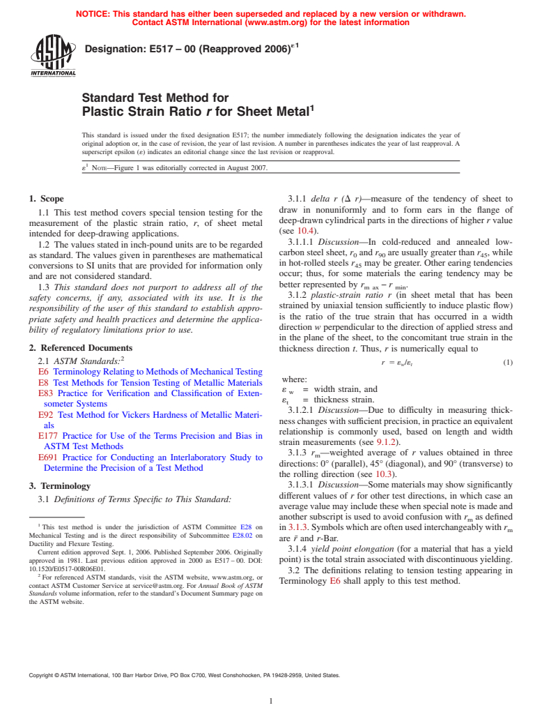 ASTM E517-00(2006)e1 - Standard Test Method for Plastic Strain Ratio r for Sheet Metal