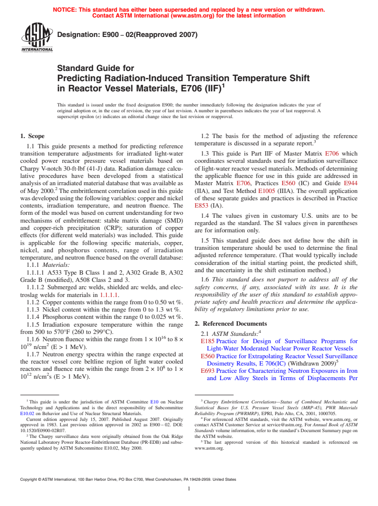 ASTM E900-02(2007) - Standard Guide for Predicting Radiation-Induced Transition Temperature Shift in Reactor Vessel Materials, E706 (IIF)