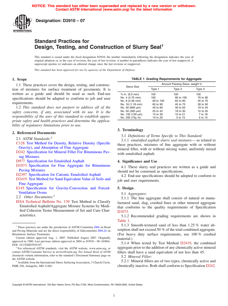 ASTM D3910-07 - Standard Practices for Design, Testing, and Construction of Slurry Seal