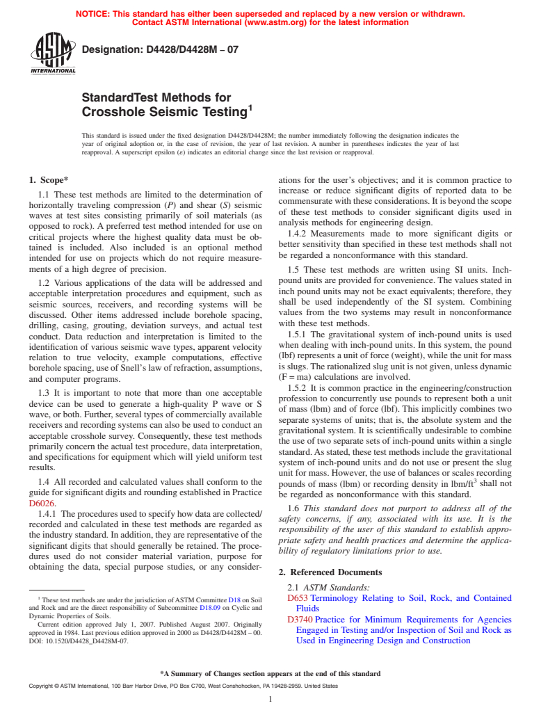 ASTM D4428/D4428M-07 - Standard Test Methods for Crosshole Seismic Testing