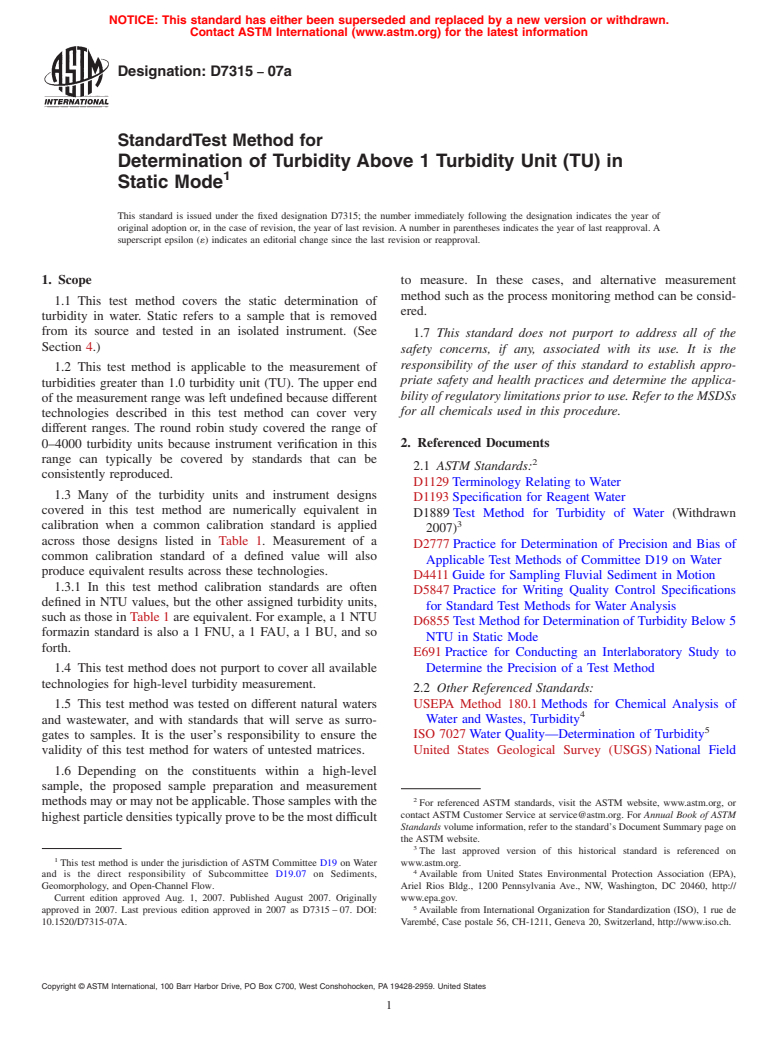 ASTM D7315-07a - Standard Test Method for Determination of Turbidity Above 1 Turbidity Unit (TU) in Static Mode