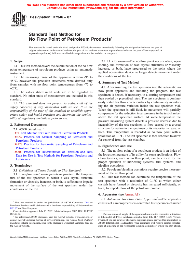 ASTM D7346-07 - Standard Test Method for No Flow Point of Petroleum Products