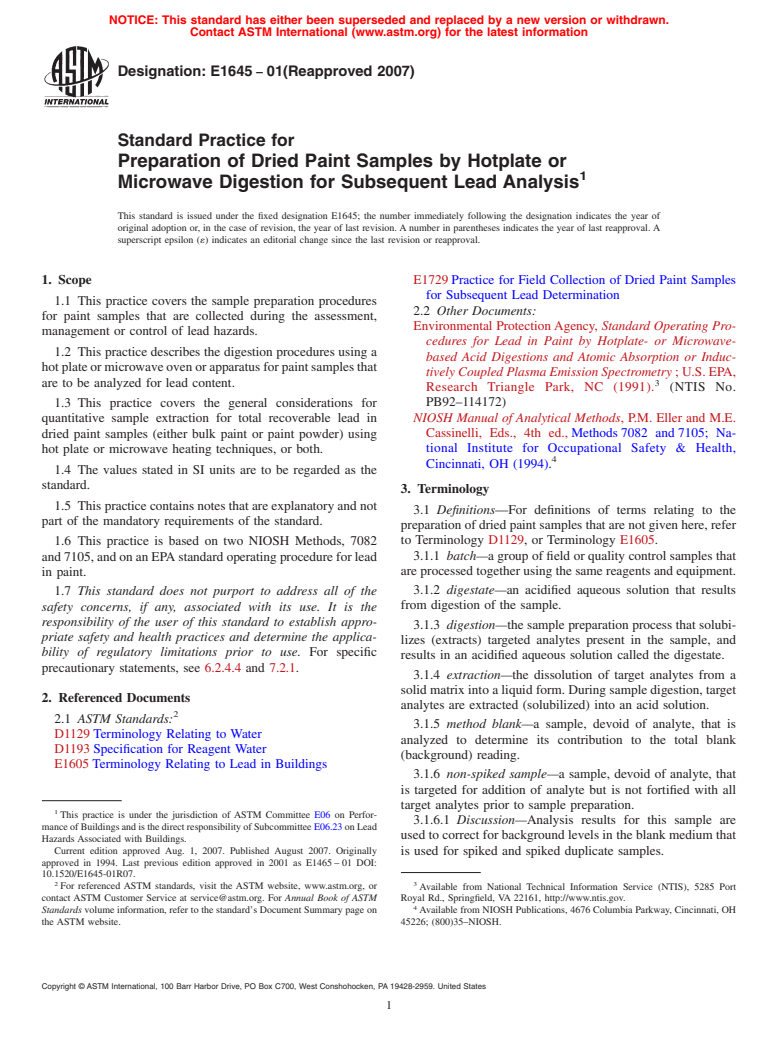 ASTM E1645-01(2007) - Standard Practice for Preparation of Dried Paint Samples by Hotplate or Microwave Digestion for Subsequent Lead Analysis