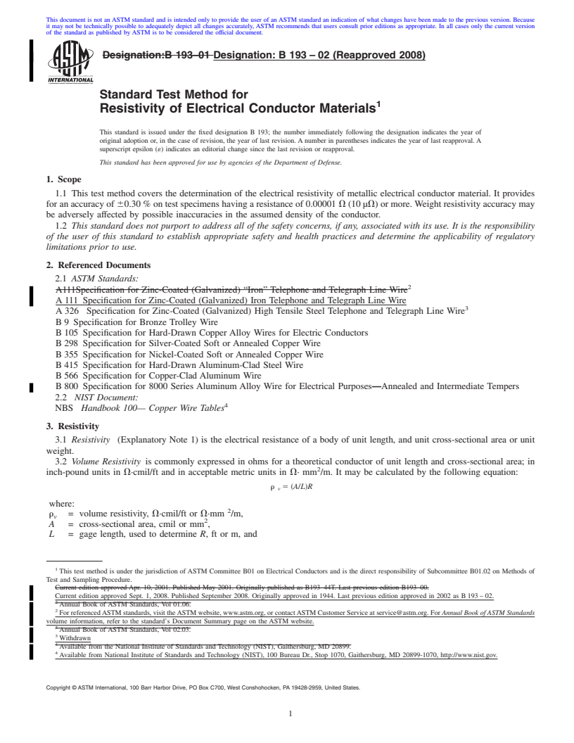 REDLINE ASTM B193-02(2008) - Standard Test Method for  Resistivity of Electrical Conductor Materials