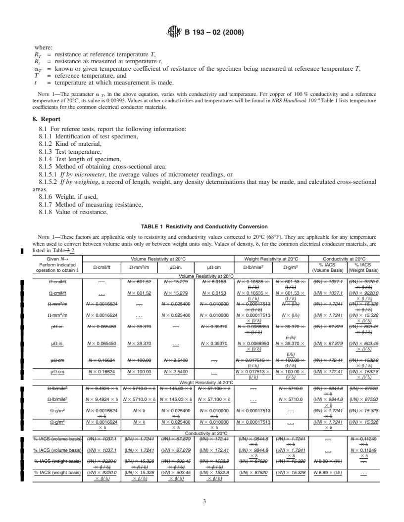 REDLINE ASTM B193-02(2008) - Standard Test Method for  Resistivity of Electrical Conductor Materials