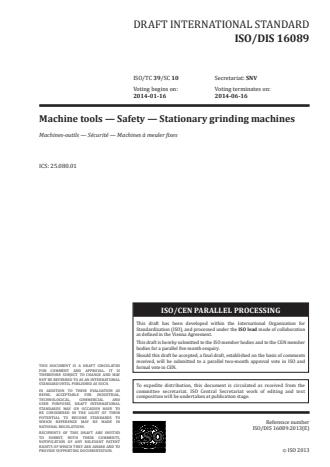 ISO 16089:2015 - Machine tools -- Safety -- Stationary grinding machines