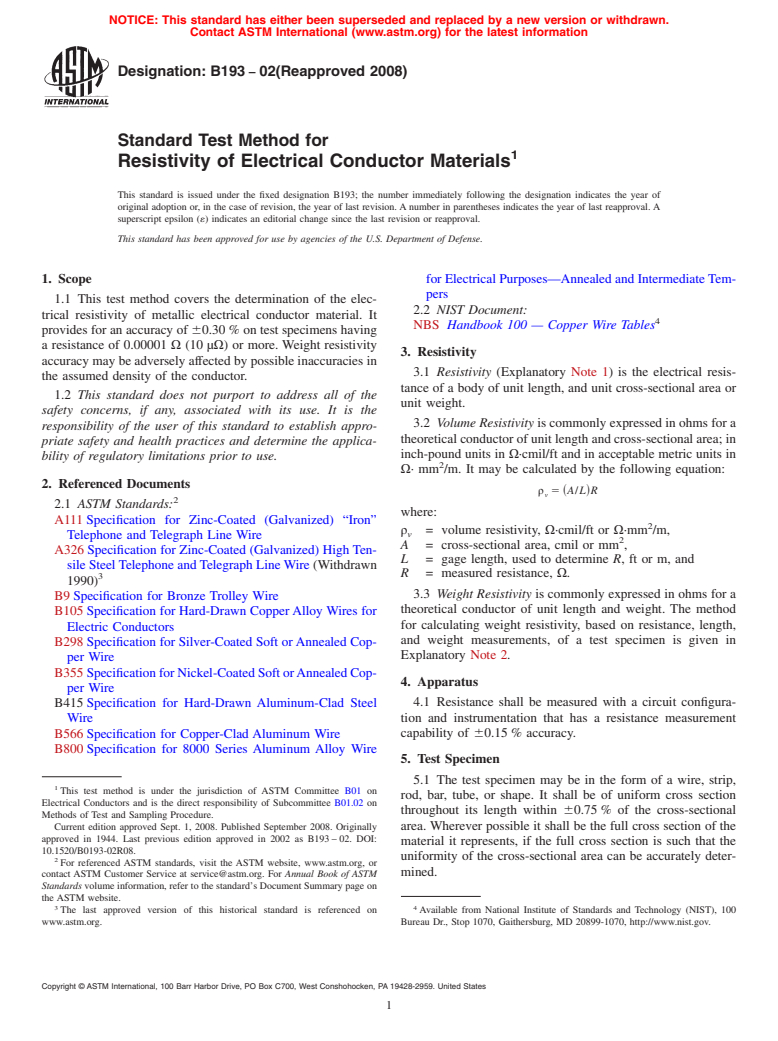 ASTM B193-02(2008) - Standard Test Method for  Resistivity of Electrical Conductor Materials