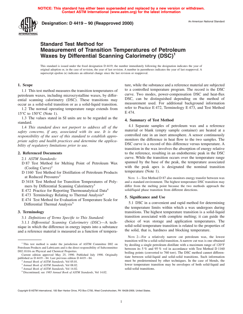 ASTM D4419-90(2000) - Standard Test Method for Measurement of Transition Temperatures of Petroleum Waxes by Differential Scanning Calorimetry (DSC)