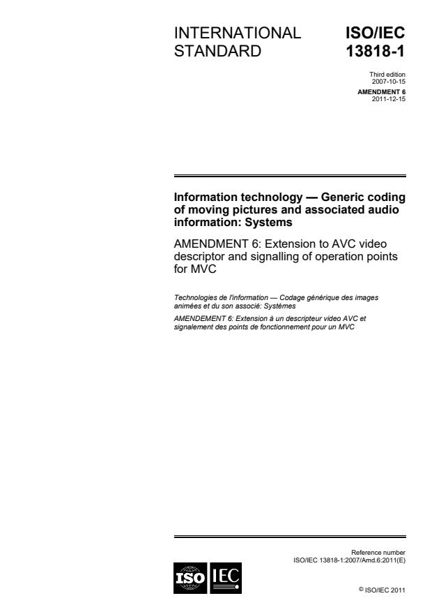 ISO/IEC 13818-1:2007/Amd 6:2011 - Extension to AVC video descriptor and signalling of operation points for MVC