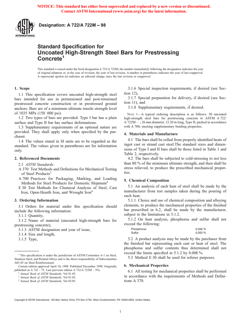 ASTM A722/A722M-98 - Standard Specification for Uncoated High-Strength Steel Bar for Prestressing Concrete