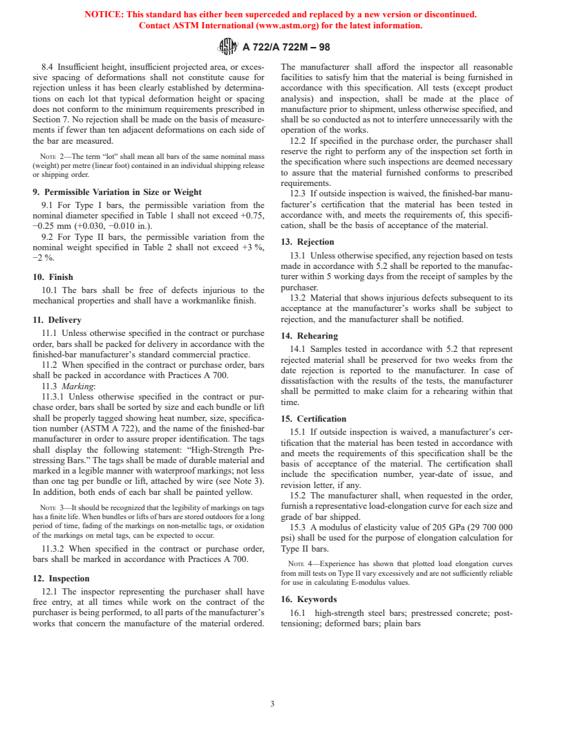 ASTM A722/A722M-98 - Standard Specification for Uncoated High-Strength Steel Bar for Prestressing Concrete