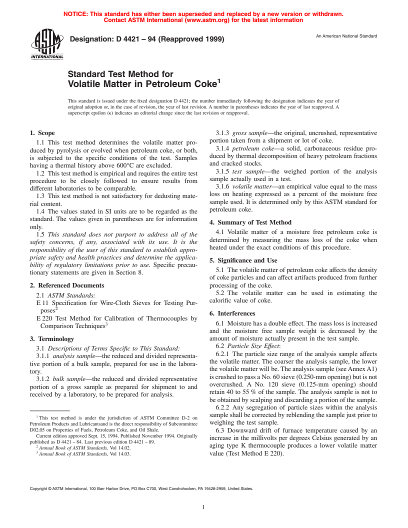 ASTM D4421-94(1999) - Standard Test Method for Volatile Matter in Petroleum Coke (Withdrawn 2004)