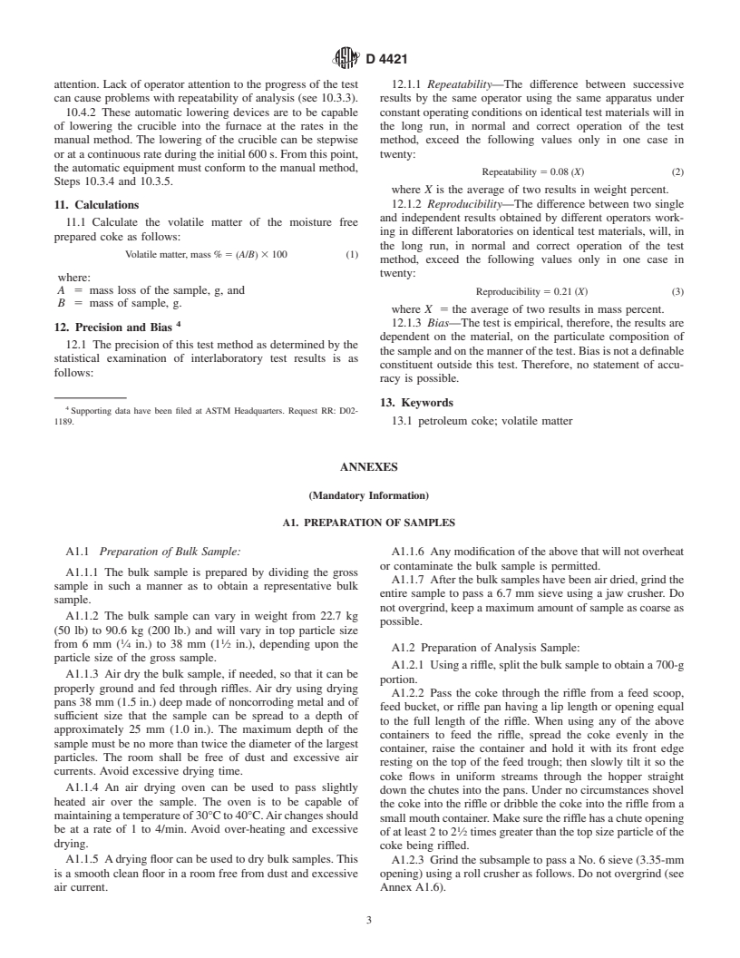 ASTM D4421-94(1999) - Standard Test Method for Volatile Matter in Petroleum Coke (Withdrawn 2004)