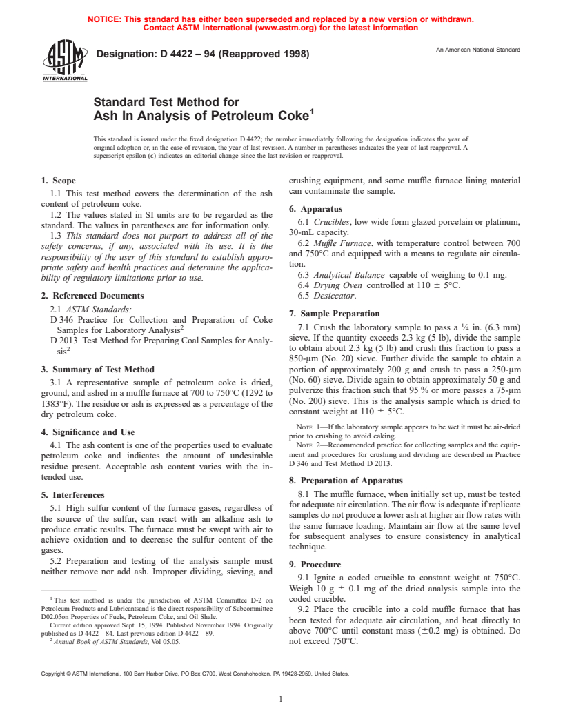 ASTM D4422-94(1998) - Standard Test Method for Ash In Analysis of Petroleum Coke