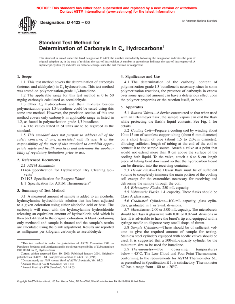 ASTM D4423-00 - Standard Test Method for Determination of Carbonyls In C<sub>4</sub> Hydrocarbons