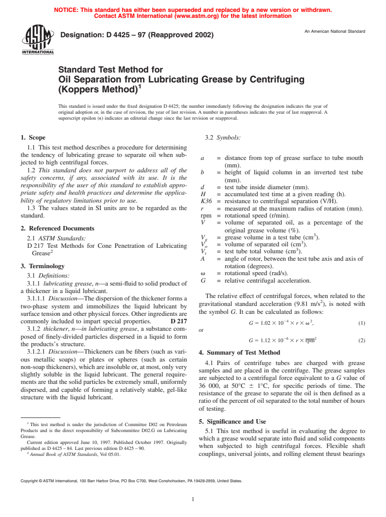 ASTM D4425-97(2002) - Standard Test Method for Oil Separation From Lubricating Grease by Centrifuging (Koppers Method)