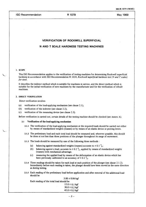 ISO/R 1079:1969 - Verification of Rockwell superficial N and T scale hardness testing machines