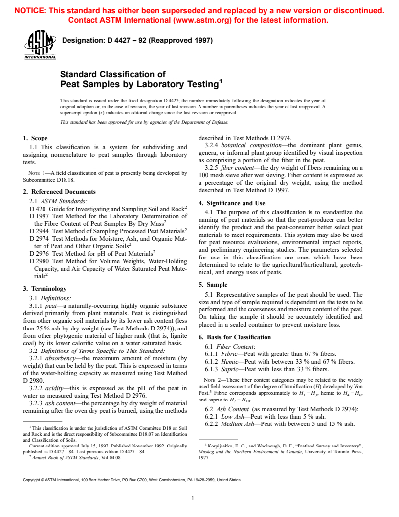 ASTM D4427-92(1997) - Standard Classification of Peat Samples by Laboratory Testing