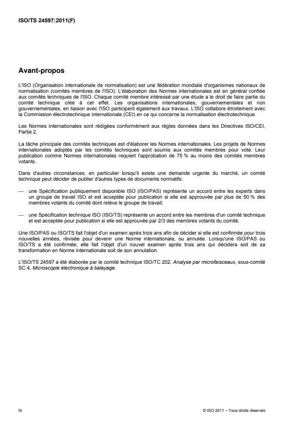 ISO/TS 24597:2011 ISO/TS 24597:2011 - Analyse par microfaisceaux -- Microscopie électronique a balayage -- Méthodes d'évaluation de la netteté d'image - Page 4 preview