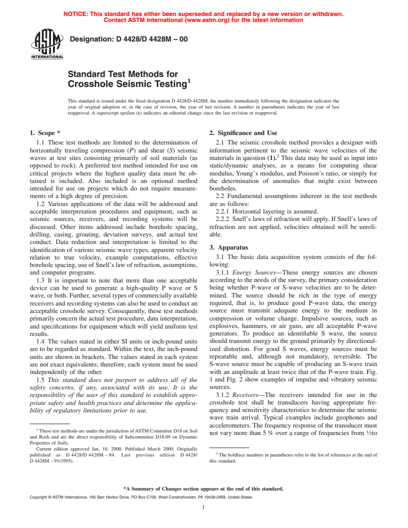 ASTM D4428/D4428M-00 - Standard Test Methods for Crosshole Seismic Testing