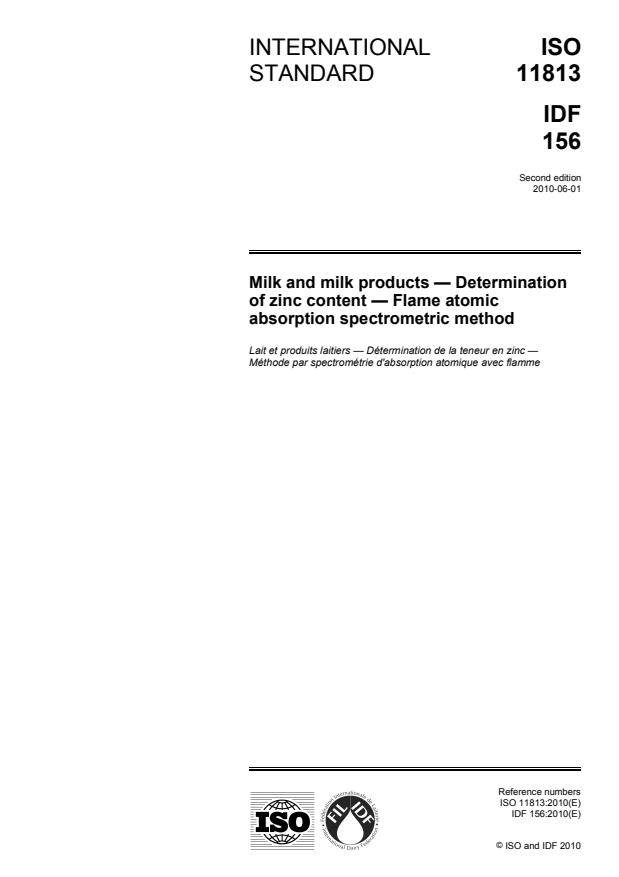 ISO 11813:2010 - Milk and milk products -- Determination of zinc content -- Flame atomic absorption spectrometric method