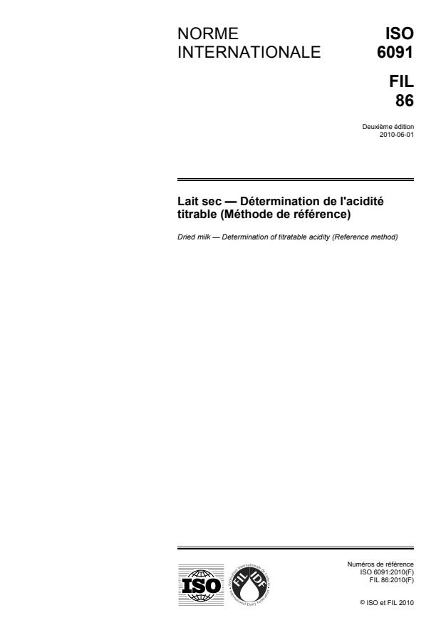 ISO 6091:2010 - Lait sec -- Détermination de l'acidité titrable (Méthode de référence)