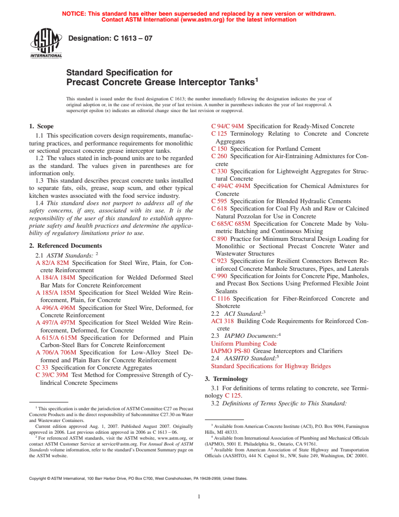 ASTM C1613-07 - Standard Specification for Precast Concrete Grease Interceptor Tanks