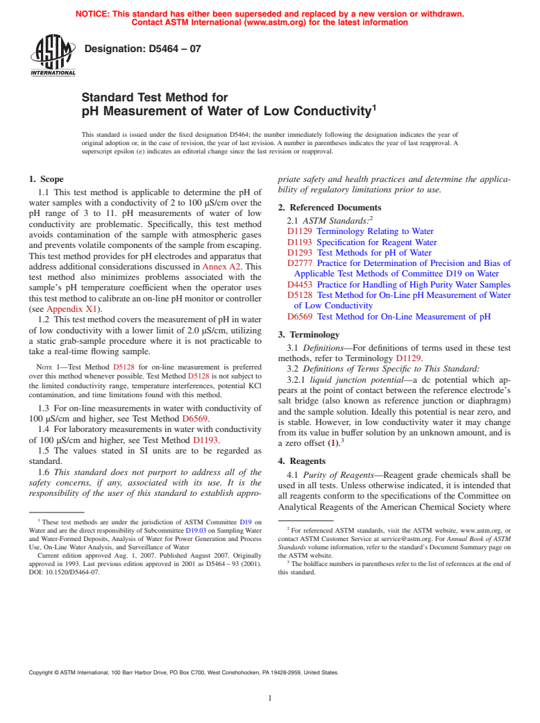 ASTM D5464-07 - Standard Test Method for pH Measurement of Water of Low Conductivity