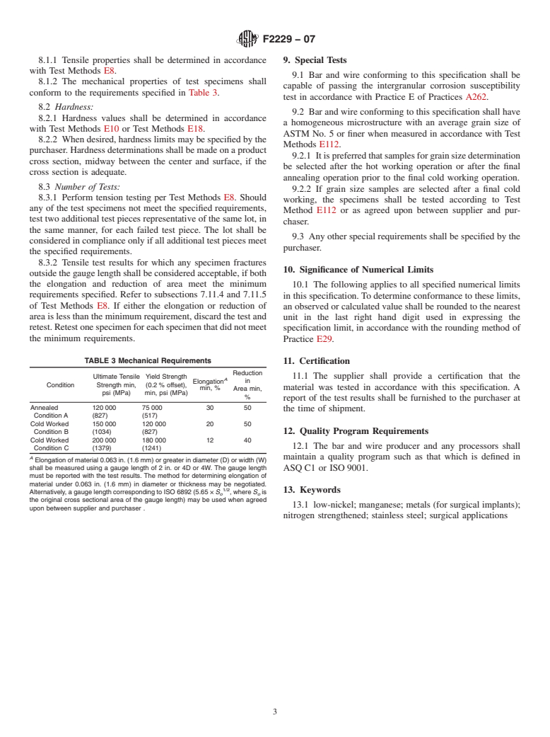 ASTM F2229-07 - Standard Specification for Wrought, Nitrogen Strengthened 23Manganese-21Chromium-1Molybdenum Low-Nickel Stainless Steel Alloy Bar and Wire for Surgical Implants (UNS S29108)