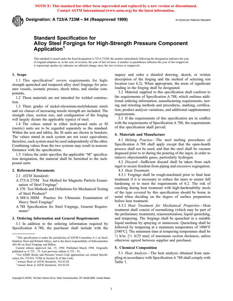 ASTM A723/A723M-94(1999) - Standard Specification for Alloy Steel Forgings for High-Strength Pressure Component Application