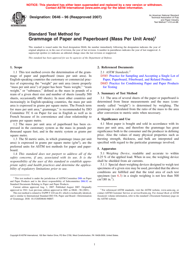 ASTM D646-96(2007) - Standard Test Method for Grammage of Paper and Paperboard (Mass Per Unit Area) (Withdrawn 2010)