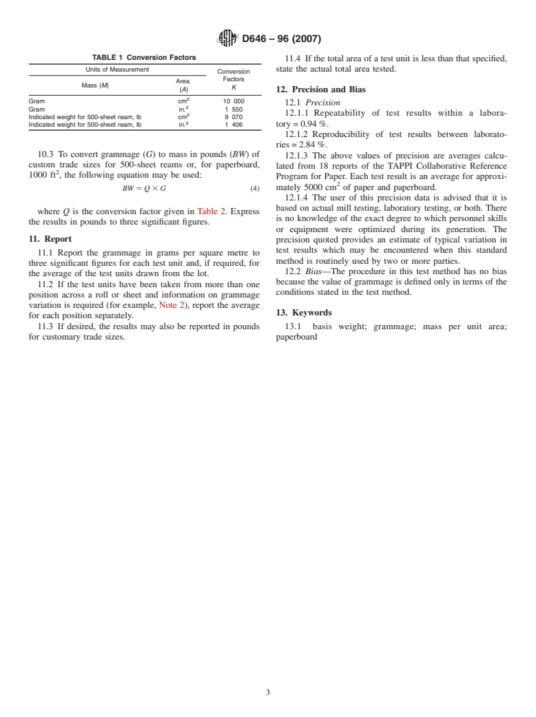 ASTM D646-96(2007) - Standard Test Method for Grammage of Paper and Paperboard (Mass Per Unit Area) (Withdrawn 2010)