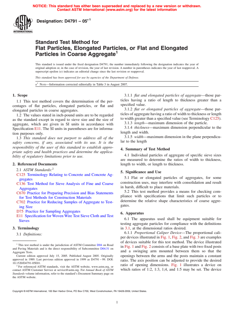 ASTM D4791-05e1 - Standard Test Method for Flat Particles, Elongated Particles, or Flat and Elongated Particles in Coarse Aggregate