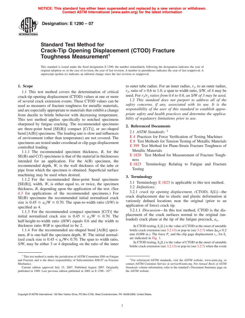 ASTM E1290-07 - Standard Test Method for Crack-Tip Opening Displacement (CTOD) Fracture Toughness Measurement