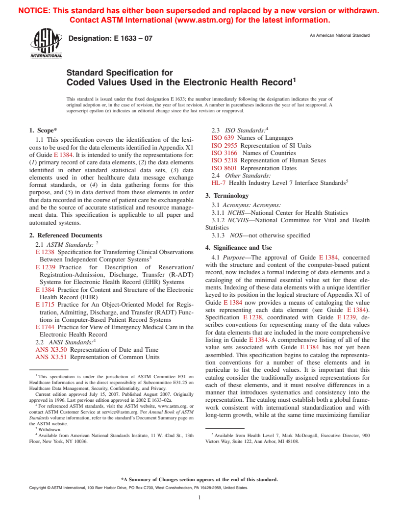 ASTM E1633-07 - Standard Specification for Coded Values Used in the Electronic Health Record