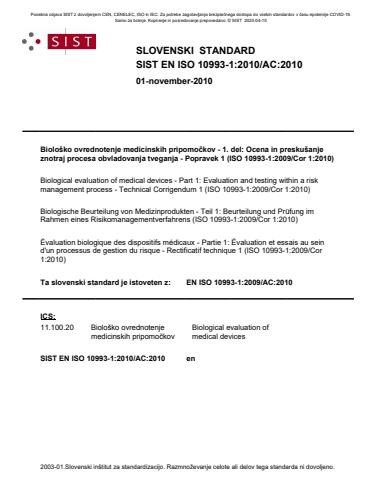 COVID-19 SIST EN ISO 10993-1:2010/AC:2010