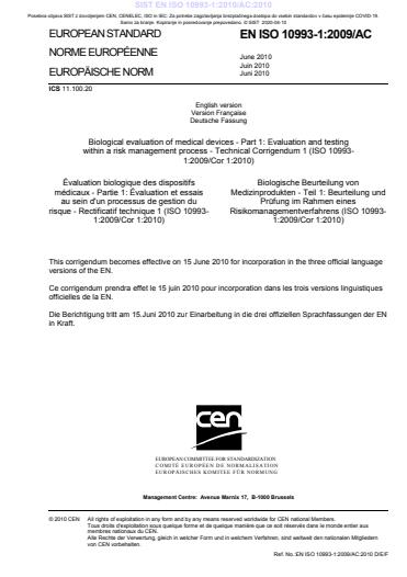 COVID-19 SIST EN ISO 10993-1:2010/AC:2010