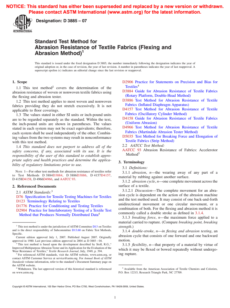 ASTM D3885-07 - Standard Test Method for Abrasion Resistance of Textile Fabrics (Flexing and Abrasion Method)