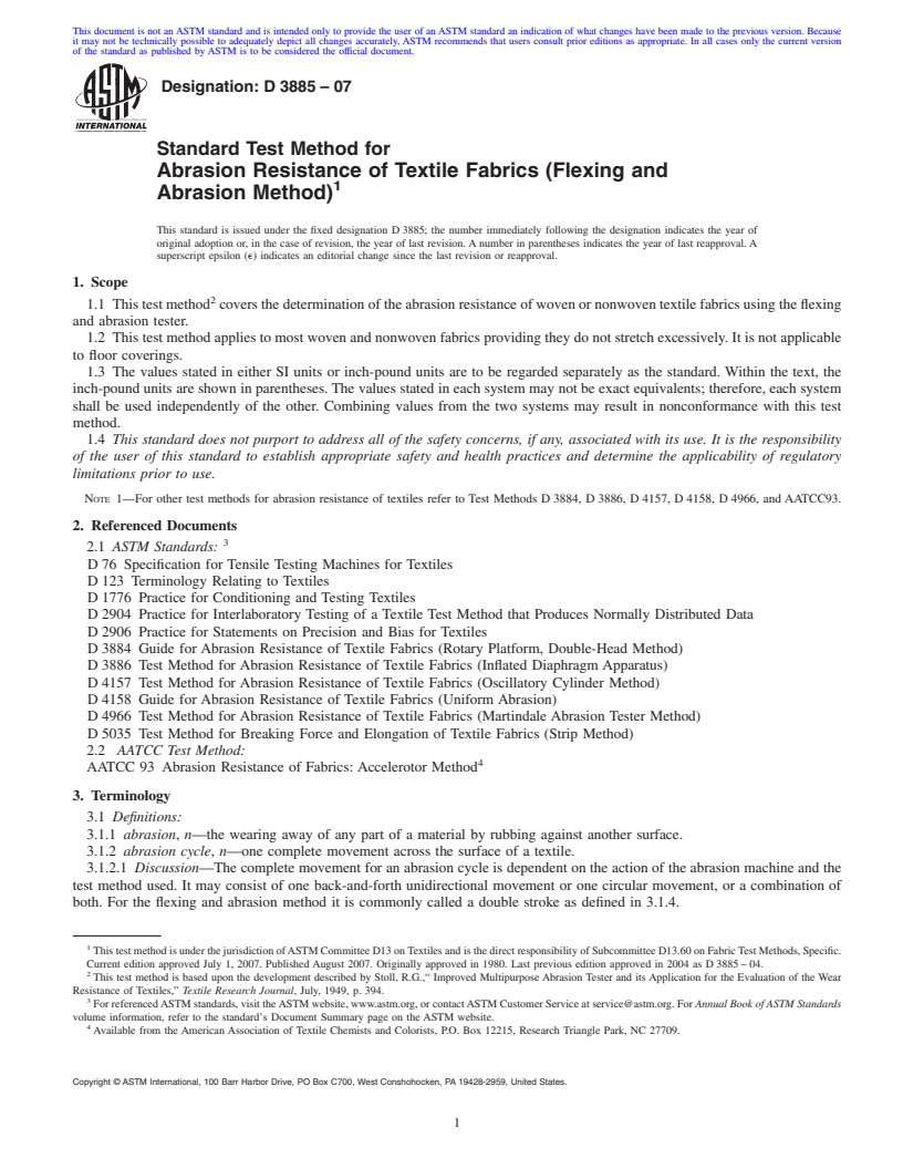 REDLINE ASTM D3885-07 - Standard Test Method for Abrasion Resistance of Textile Fabrics (Flexing and Abrasion Method)