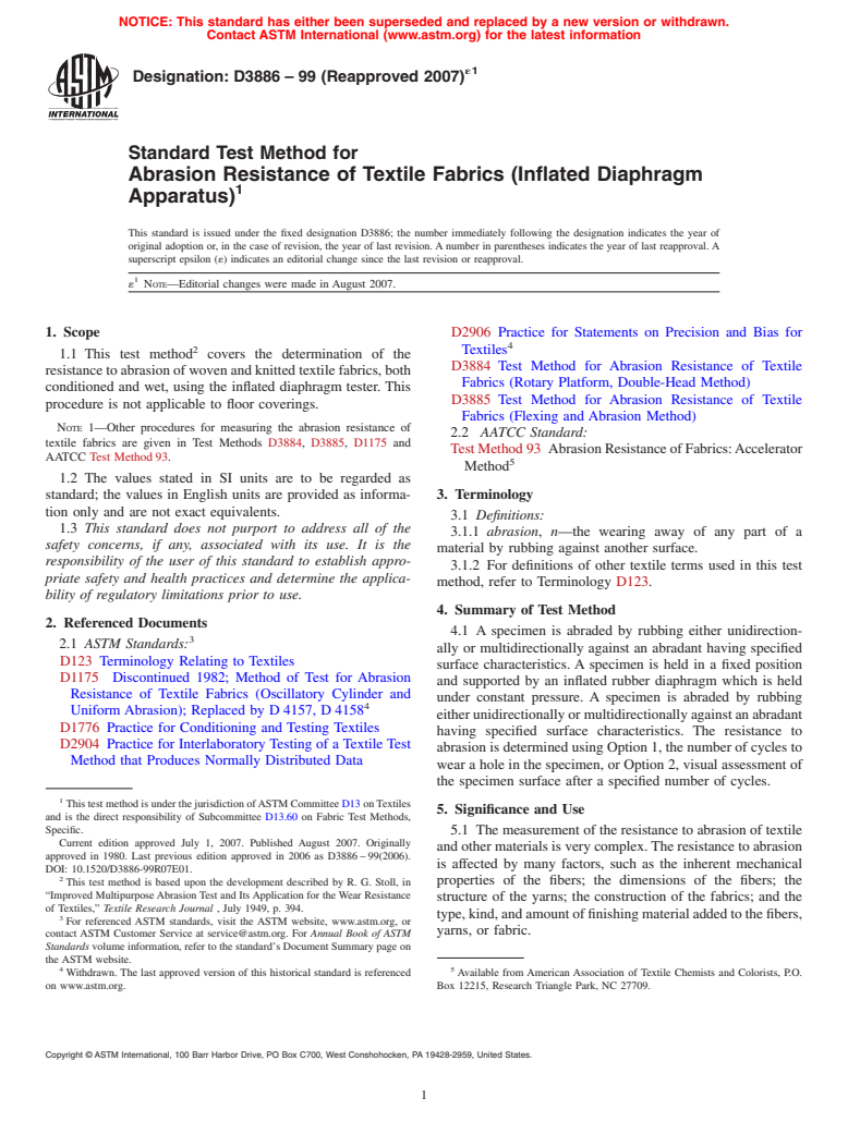 ASTM D3886-99(2007)e1 - Standard Test Method for Abrasion Resistance of Textile Fabrics (Inflated Diaphragm Apparatus)