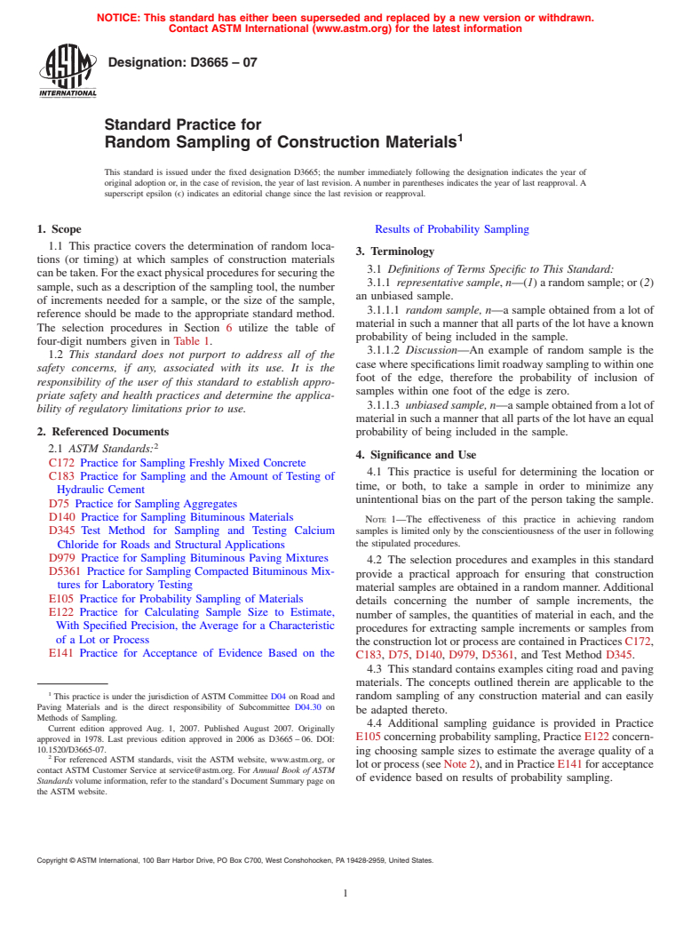 ASTM D3665-07 - Standard Practice for Random Sampling of Construction Materials