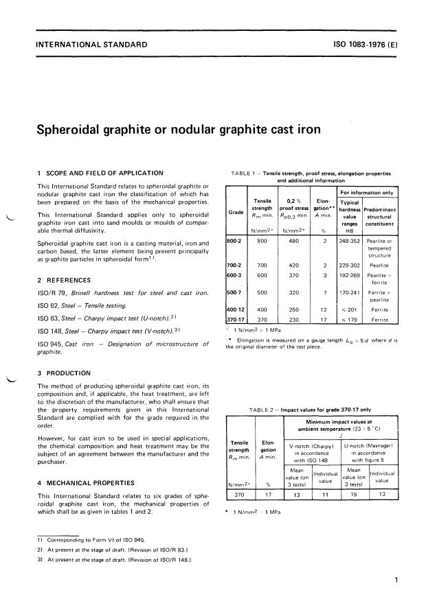 ISO 1083:1976 - Spheroidal graphite or nodular graphite cast iron