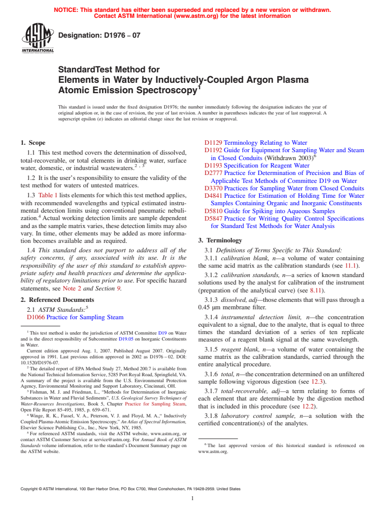 ASTM D1976-07 - Standard Test Method for Elements in Water by Inductively-Coupled Argon Plasma Atomic Emission Spectroscopy