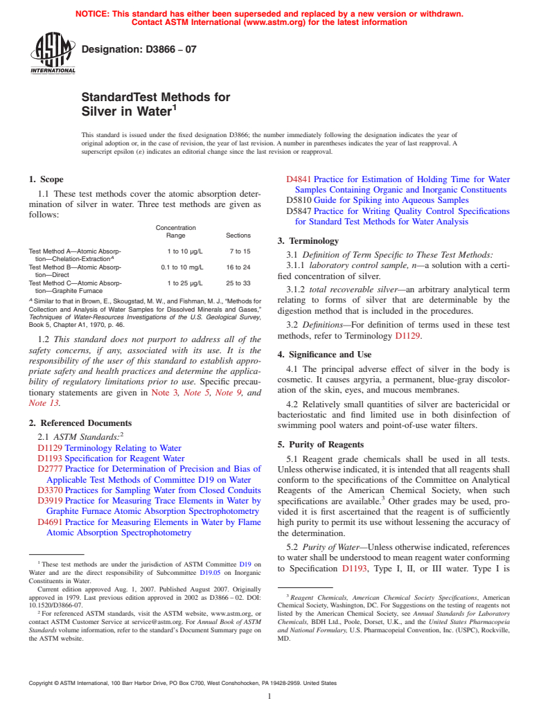 ASTM D3866-07 - Standard Test Methods for Silver in Water