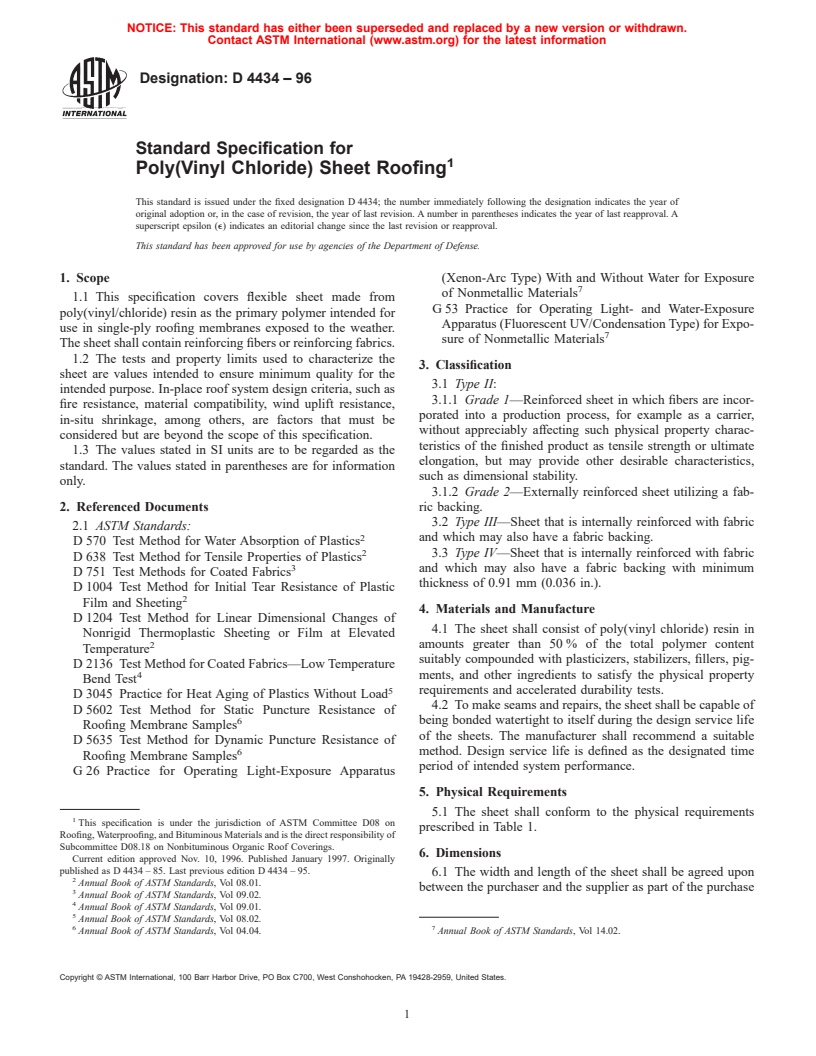 ASTM D4434-96 - Standard Specification for Poly(Vinyl Chloride) Sheet Roofing