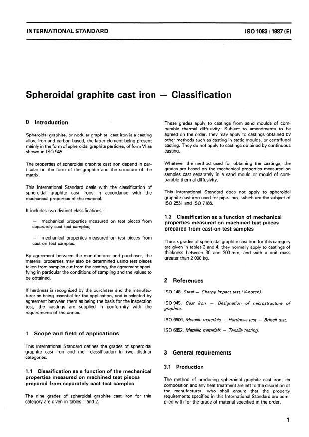 ISO 1083:1987 - Spheroidal graphite cast iron -- Classification